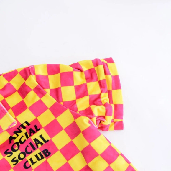 Anti Social Social Club Pink Yellow Checker Velour 2 Piece Pajamas 100% Cotton S - Picture 11 of 16